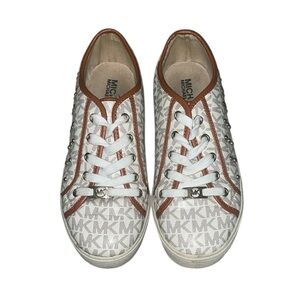 Michael Kors White and Brown Monogram Studded Sneakers